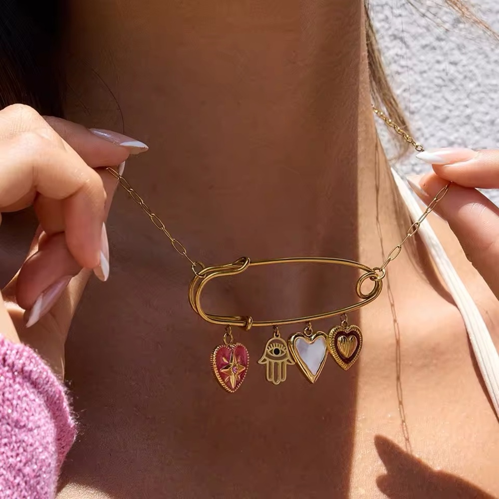 Celine13‎ 18K Gold Plated Spiritual Talisman Necklace – Hearts & Hamsa Charms - Picture 9 of 11